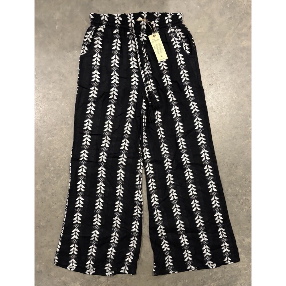 NEW ELAN Wide Leg Pull On Pants Womens L Black Beachy Casual Lightweight Pockets